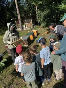 Die Imkerin Viola zeigt den Wurkelkindern wie die Bienen im Bienenhaus leben.